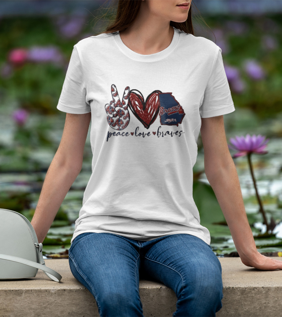 Peace Love Braves Hand Red Glitter Heart Georgia Map T-Shirt