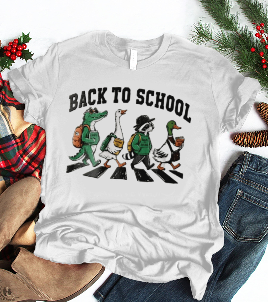 Back To School Alligator Goose Raccoon Duck Zebra Crosswalk Cartoon T-Shirt