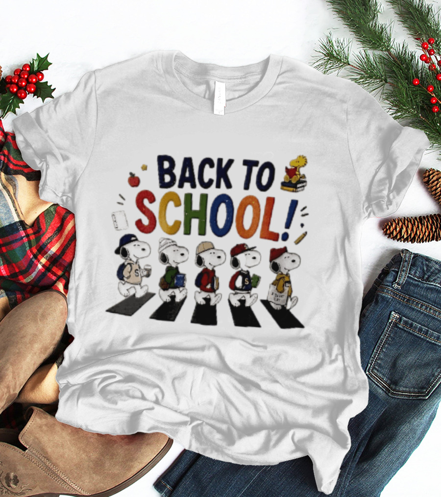 Back To School Snoopy Characters Walking Abbey Road With Woodstock Books T-Shirt