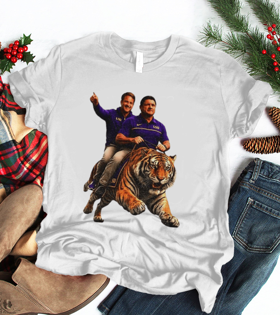 Bayou Brothers Tiger Riding LSU Coach Ed Orgeron Vs Kim Mulkey T-Shirt