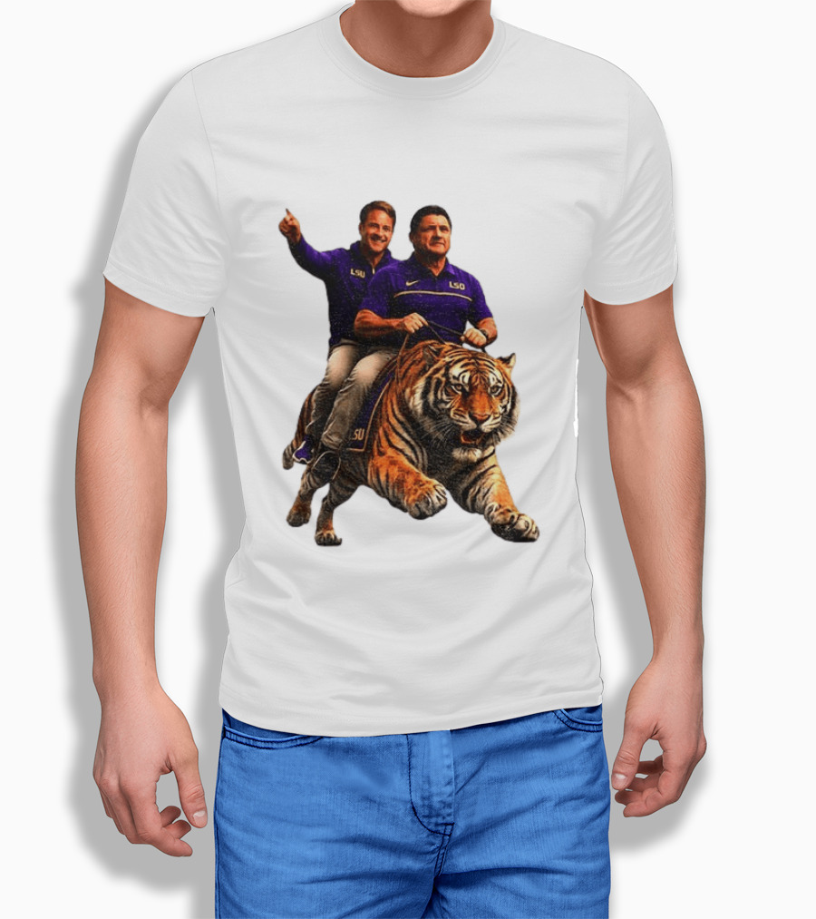 Bayou Brothers Tiger Riding LSU Coach Ed Orgeron Vs Kim Mulkey T-Shirt