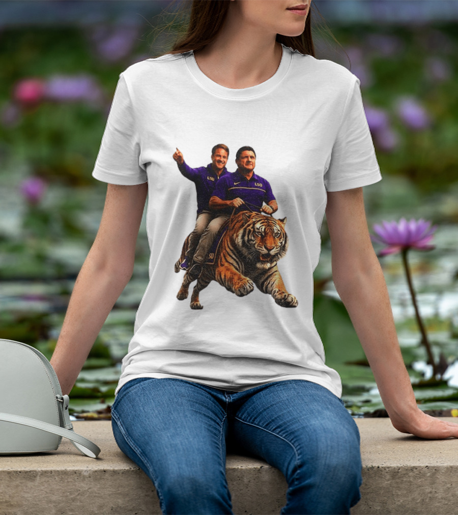 Bayou Brothers Tiger Riding LSU Coach Ed Orgeron Vs Kim Mulkey T-Shirt