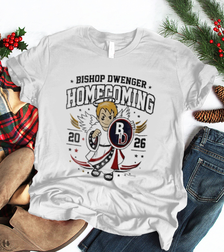 Bishop Dwenger Homecoming 2026 Cartoon Angel Holding Shield Stars 2023 T-Shirt