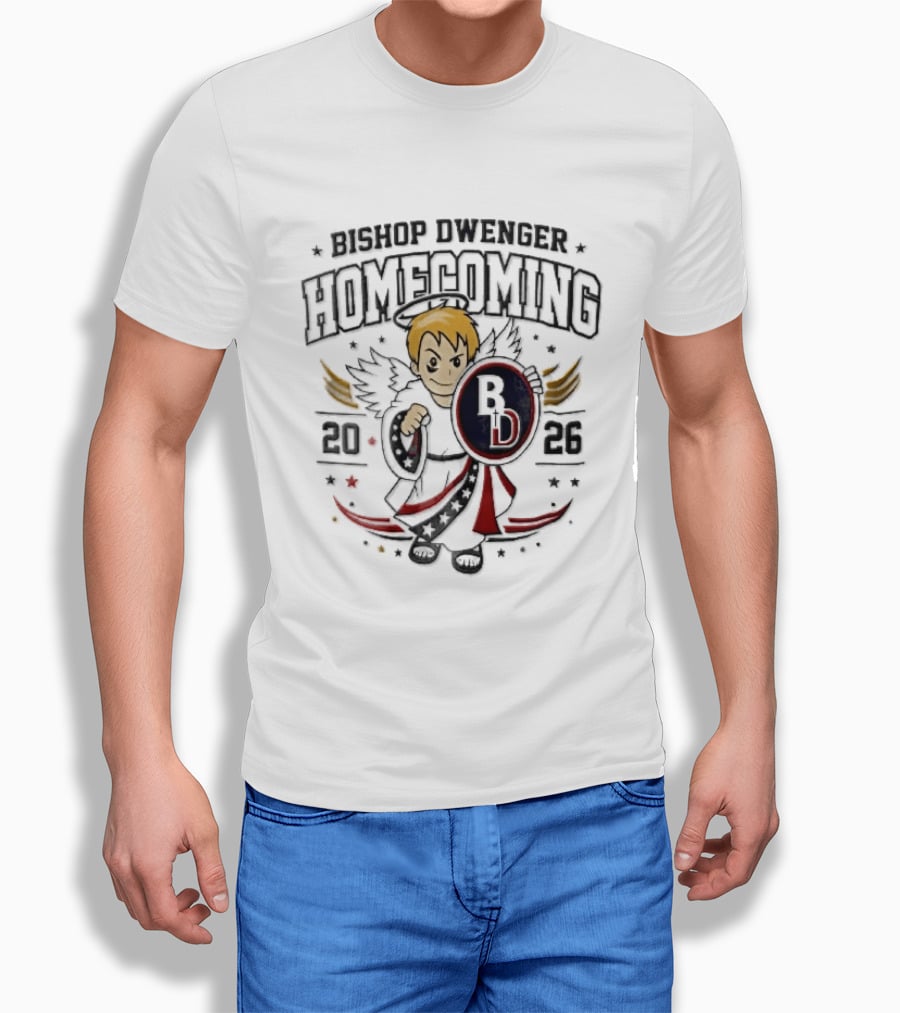 Bishop Dwenger Homecoming 2026 Cartoon Angel Holding Shield Stars 2023 T-Shirt