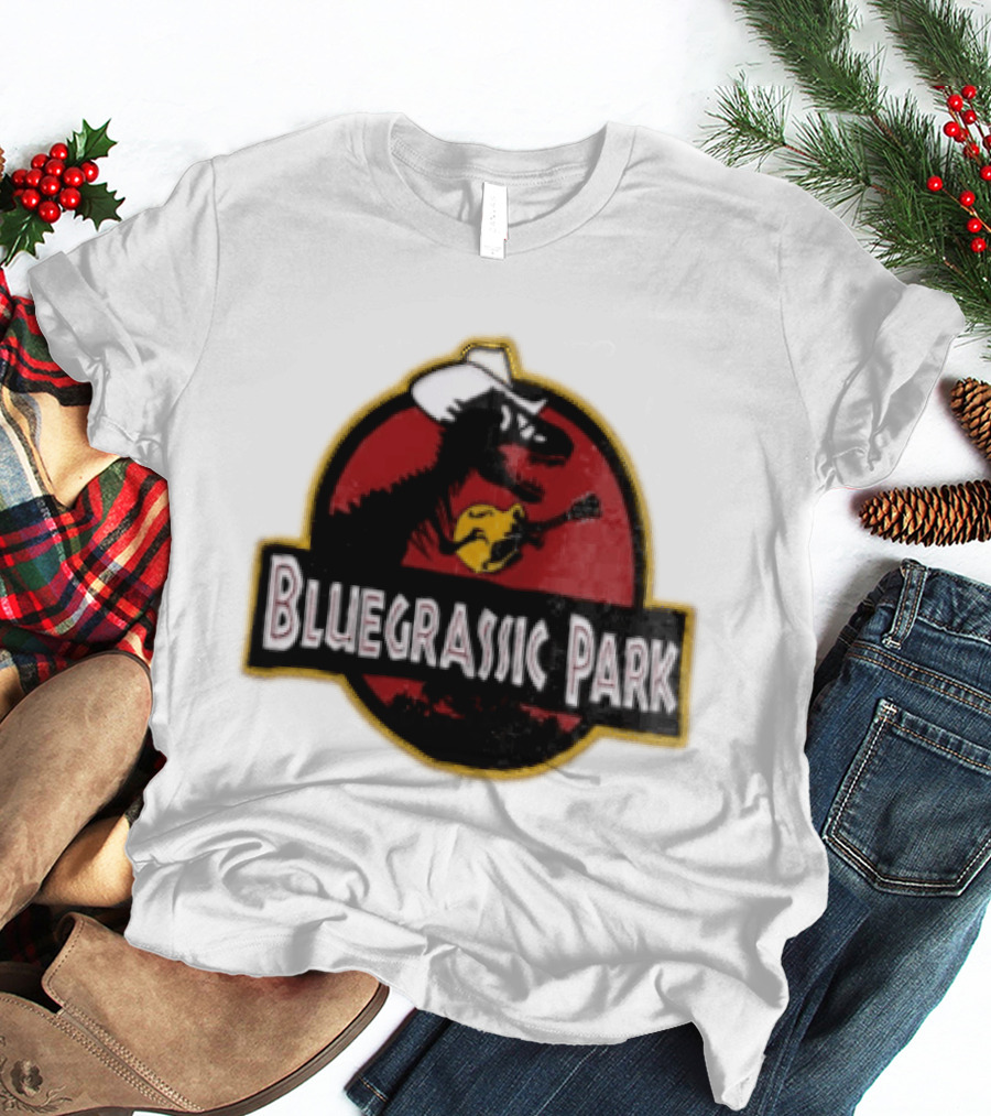 Bluegrassic Park Dinosaur Playing Mandolin Cowboy Hat Jurassic T-Shirt