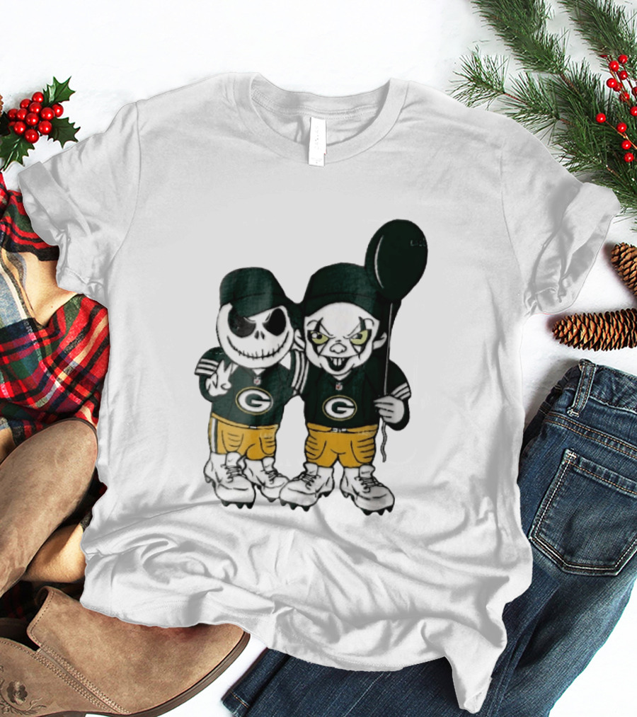Green Bay Packers Jack Skellington Clown Balloon Cartoon Caricature Duo T-Shirt