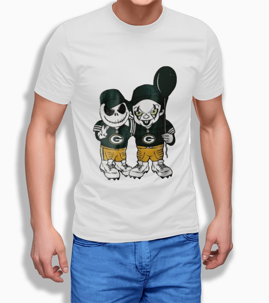 Green Bay Packers Jack Skellington Clown Balloon Cartoon Caricature Duo T-Shirt