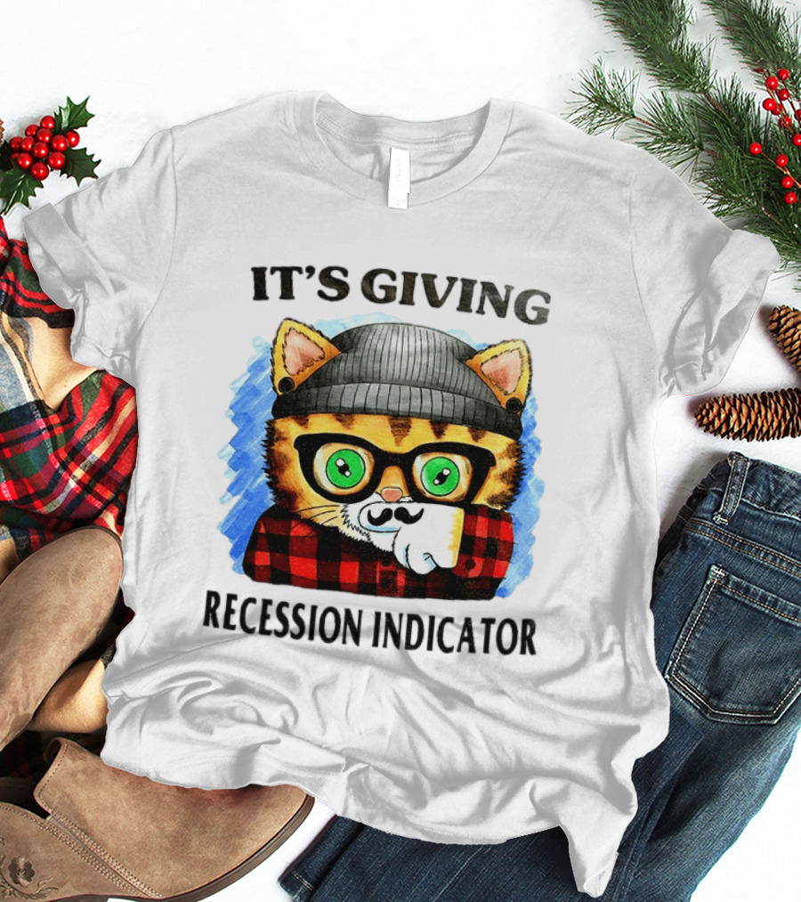 Hipster Cat Glasses Beanie Flannel It's Giving Recession Indicator T-Shirt