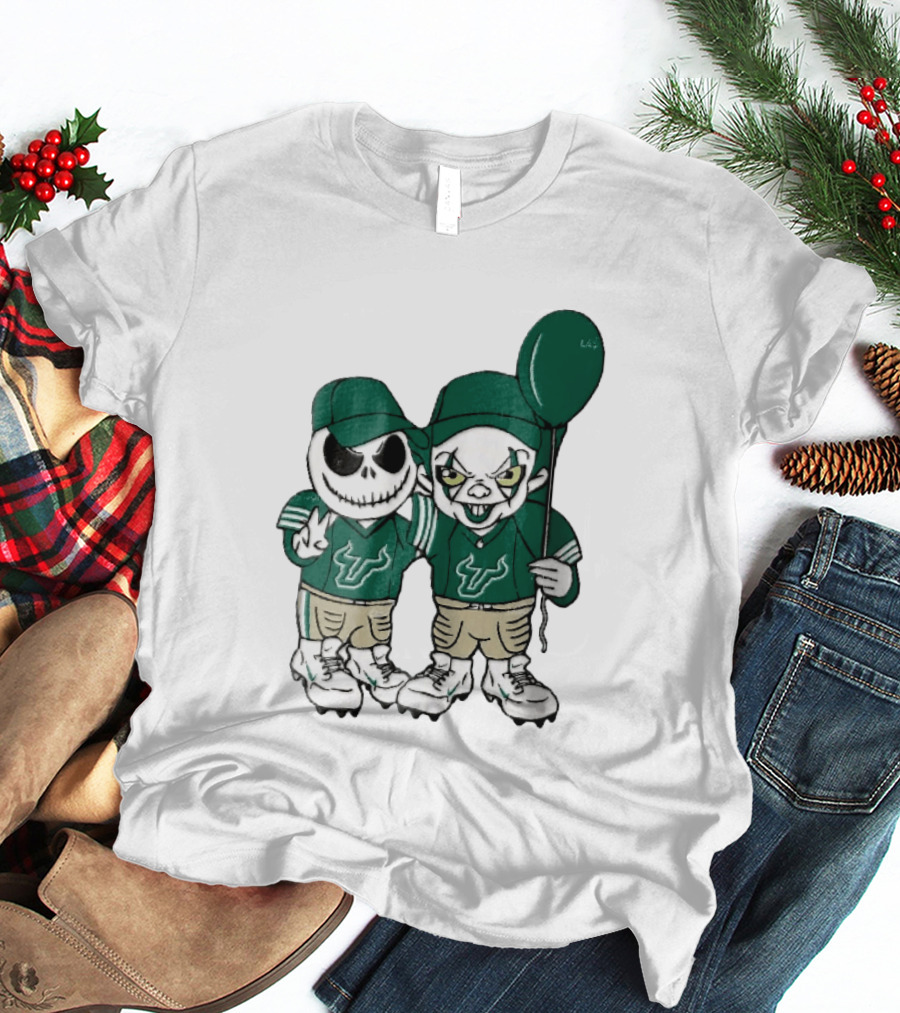 South Florida Bulls Skeleton And Evil Clown With Balloon NCAA Cartoon T-Shirt