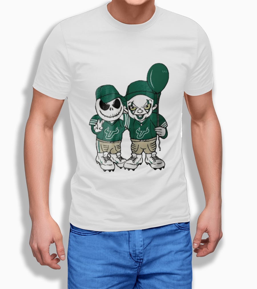 South Florida Bulls Skeleton And Evil Clown With Balloon NCAA Cartoon T-Shirt