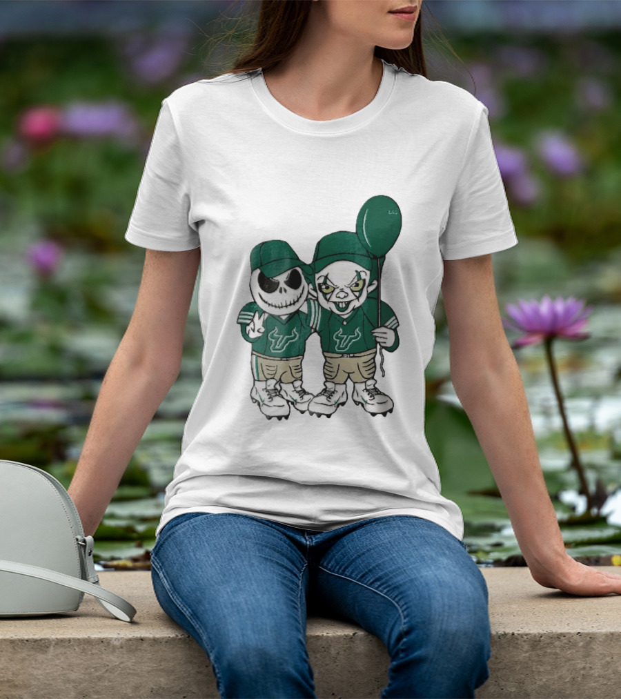 South Florida Bulls Skeleton And Evil Clown With Balloon NCAA Cartoon T-Shirt