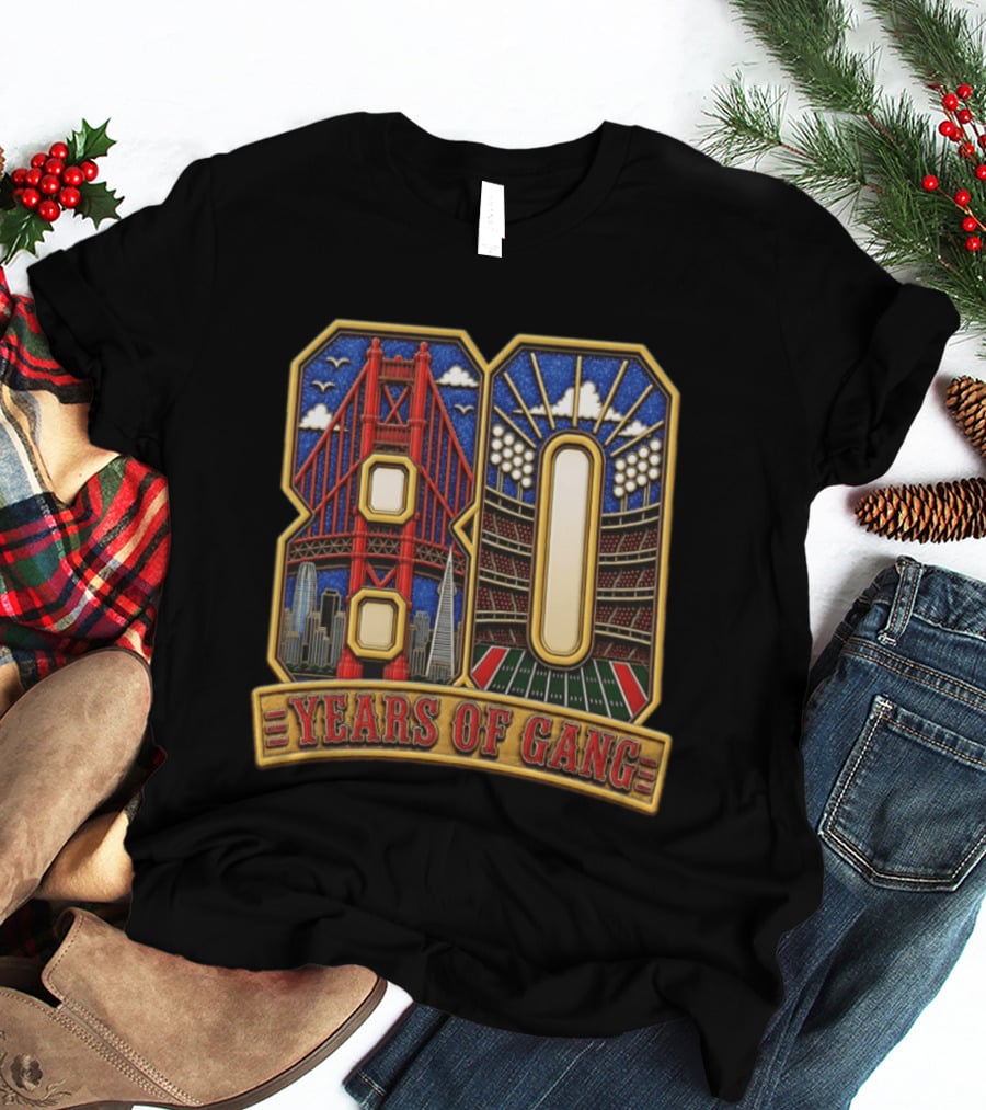 San Francisco 49ers 80 Years Of Gang Bridge And Stadium Celebration T-Shirt