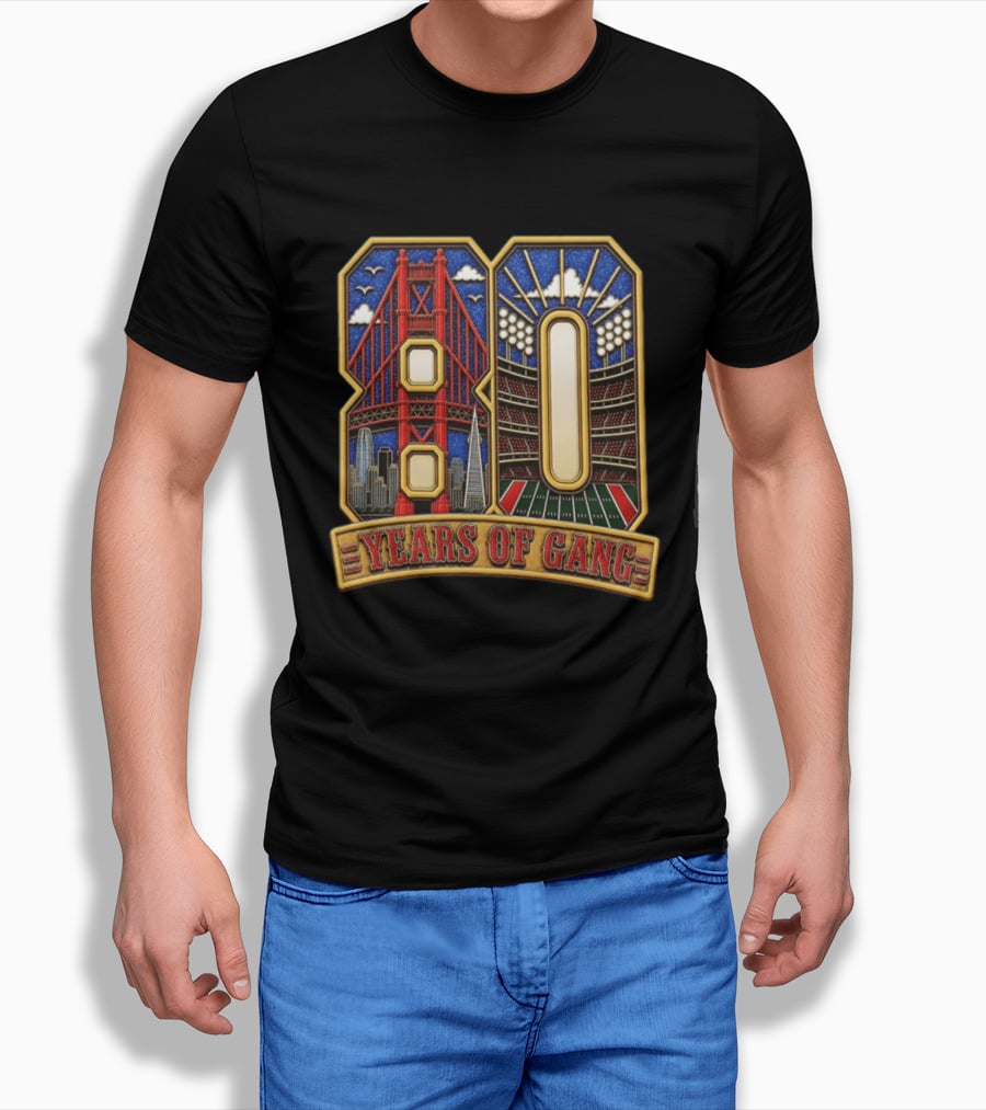 San Francisco 49ers 80 Years Of Gang Bridge And Stadium Celebration T-Shirt