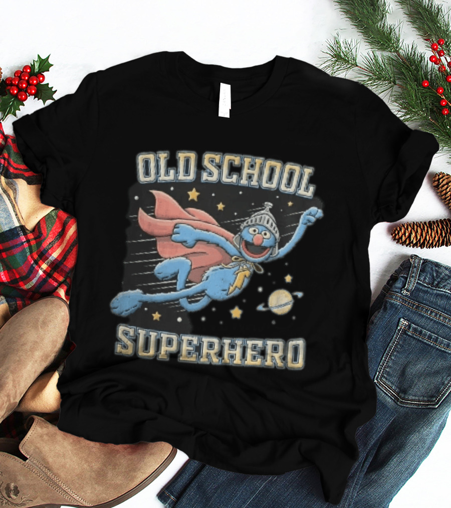 Old School Superhero Distressed Cartoon Super Grover Flying Outer Space Stars Planet T-Shirt