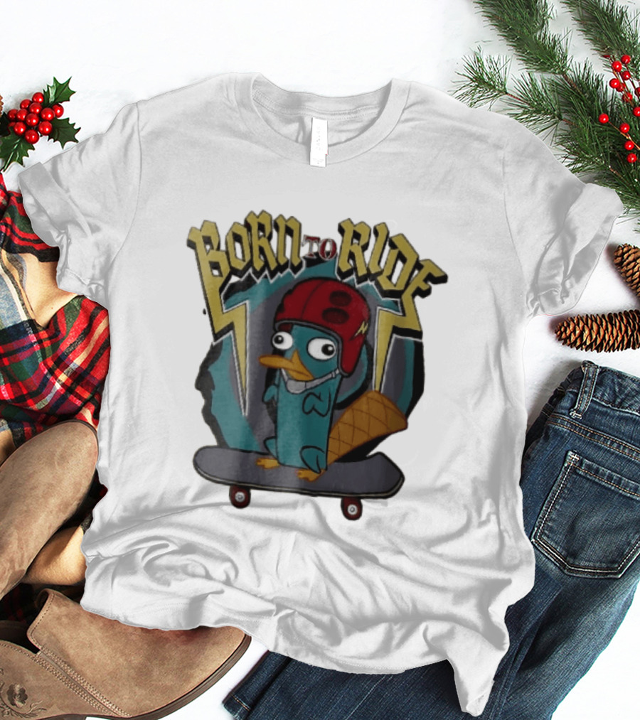 Born To Ride Cartoon Platypus Red Helmet Skateboard T-Shirt