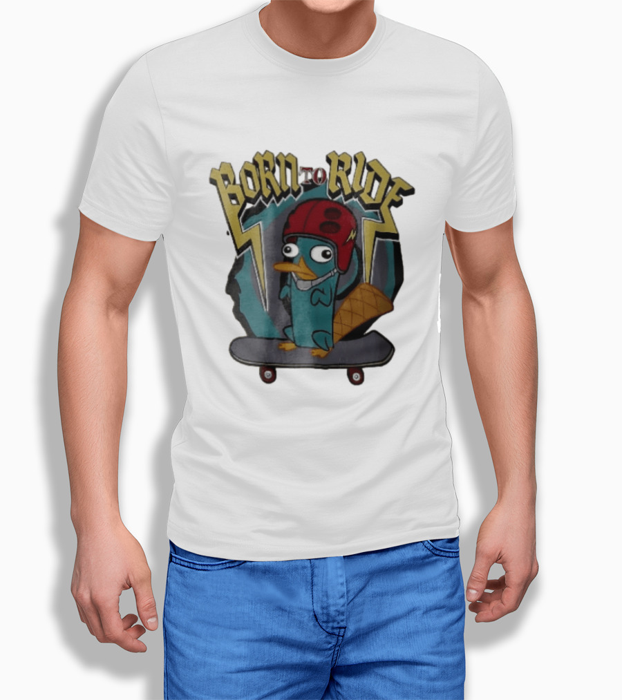 Born To Ride Cartoon Platypus Red Helmet Skateboard T-Shirt
