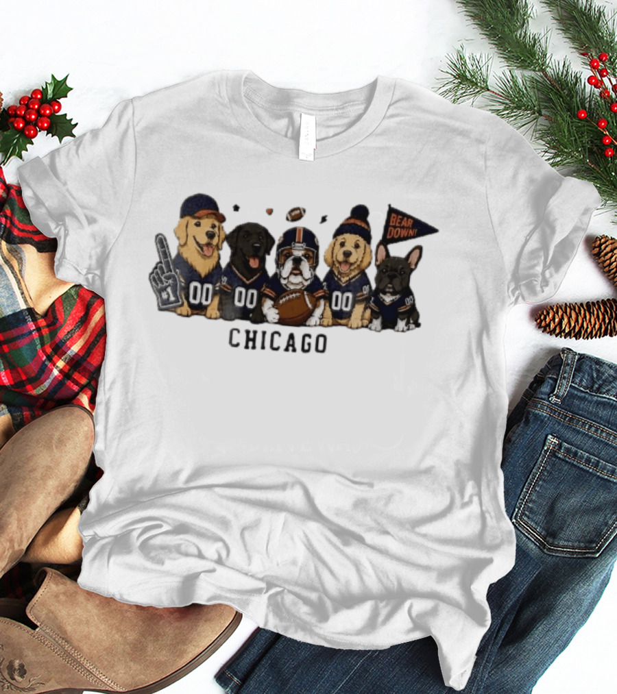 Chicago Bears Bear Down Five Cartoon Dogs In Football Jerseys With Flag And Foam Finger T-Shirt