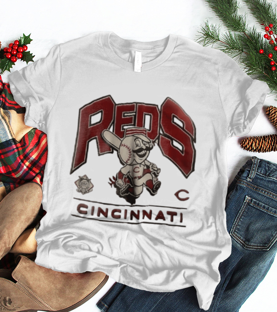 Cincinnati Reds Cartoon Running Bat Mascot Vintage MLB Fan Gear T-Shirt