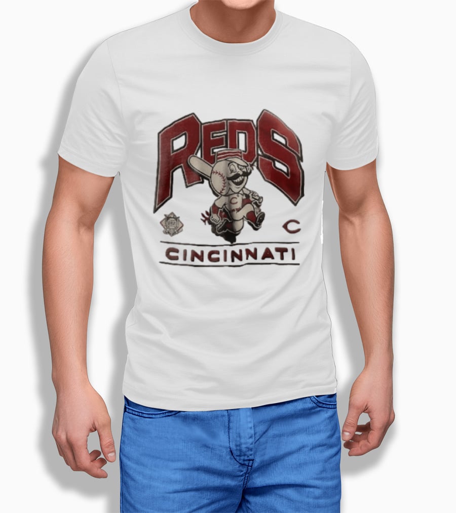 Cincinnati Reds Cartoon Running Bat Mascot Vintage MLB Fan Gear T-Shirt