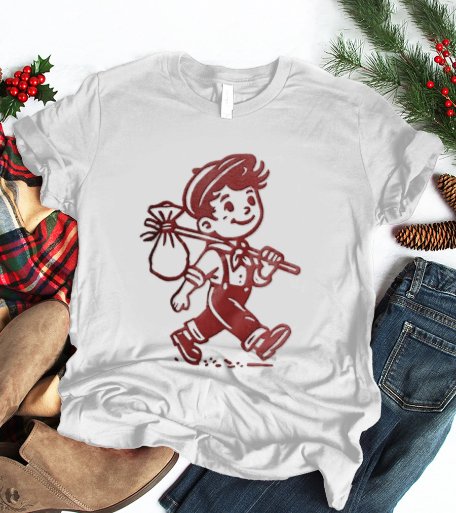 Red Line Cartoon Boy With Bindle Knapsack Stick Drawing T-Shirt