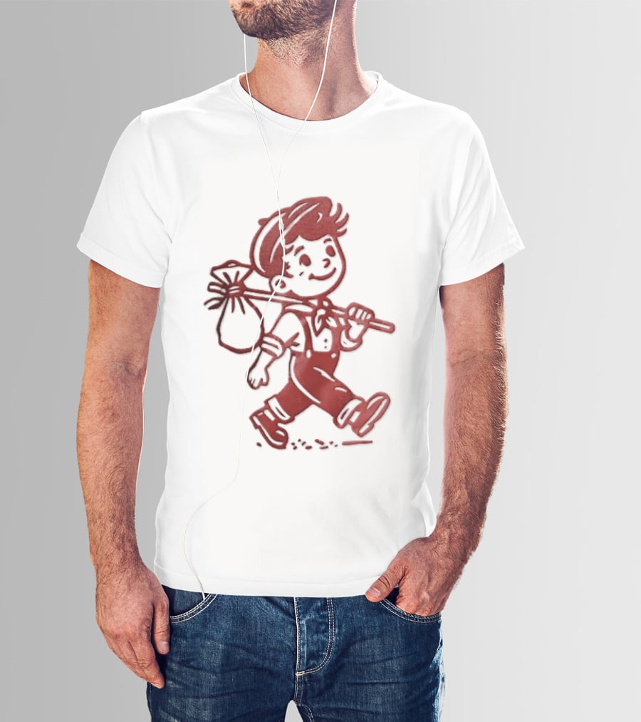 Red Line Cartoon Boy With Bindle Knapsack Stick Drawing T-Shirt