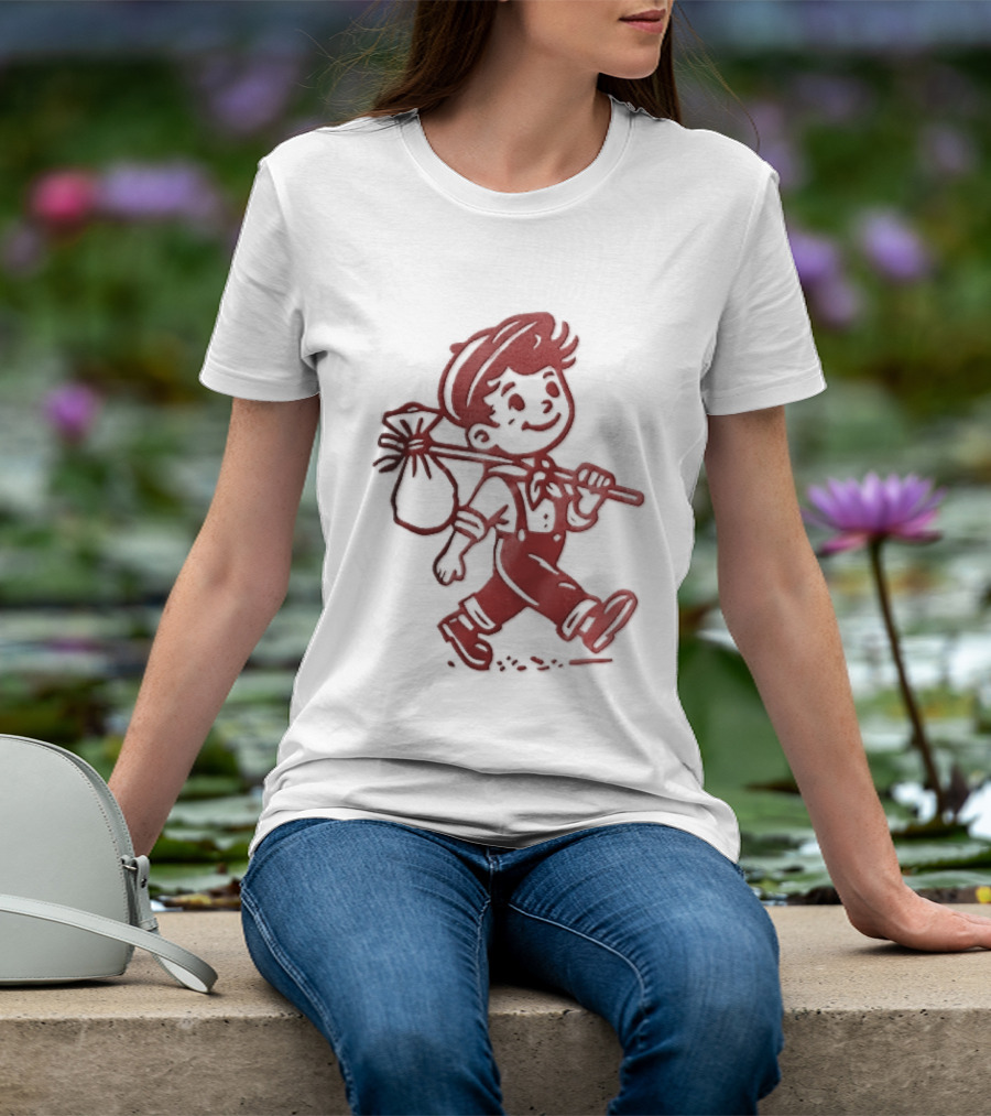 Red Line Cartoon Boy With Bindle Knapsack Stick Drawing T-Shirt