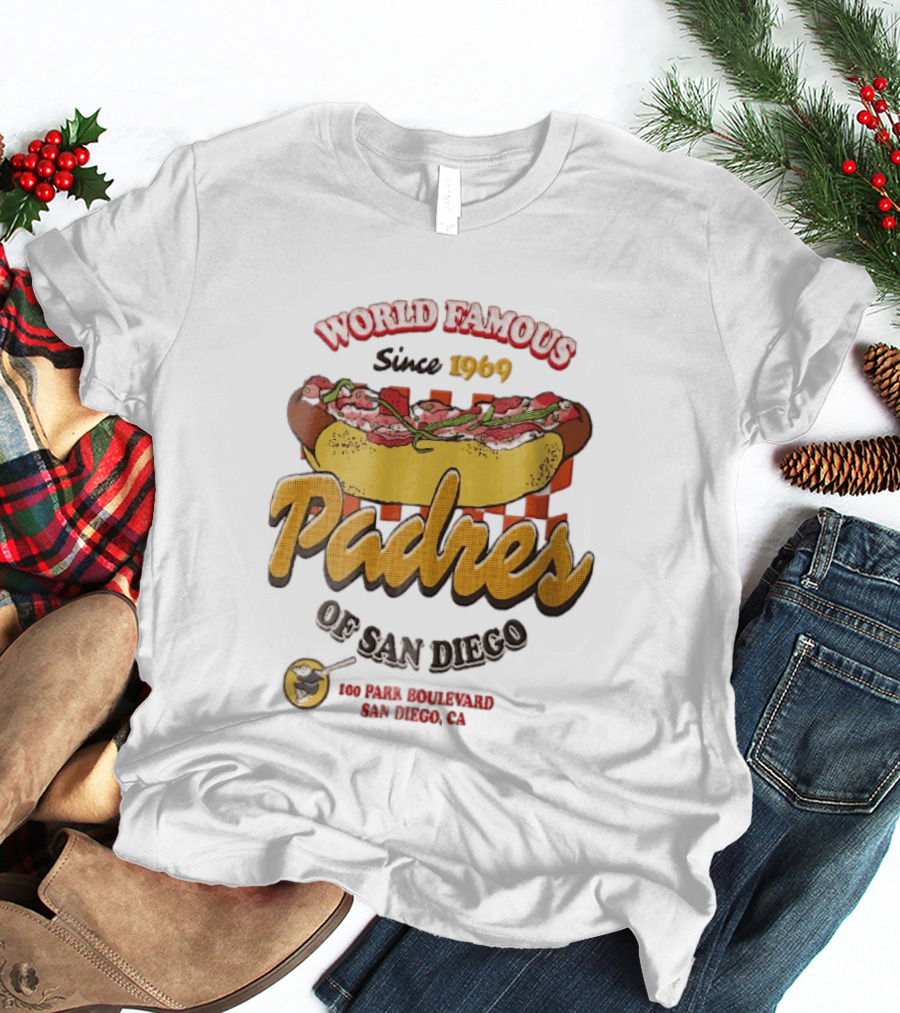 World Famous Padres Of San Diego Since 1969 Halftone Hot Dog 100 Park Boulevard CA T-Shirt