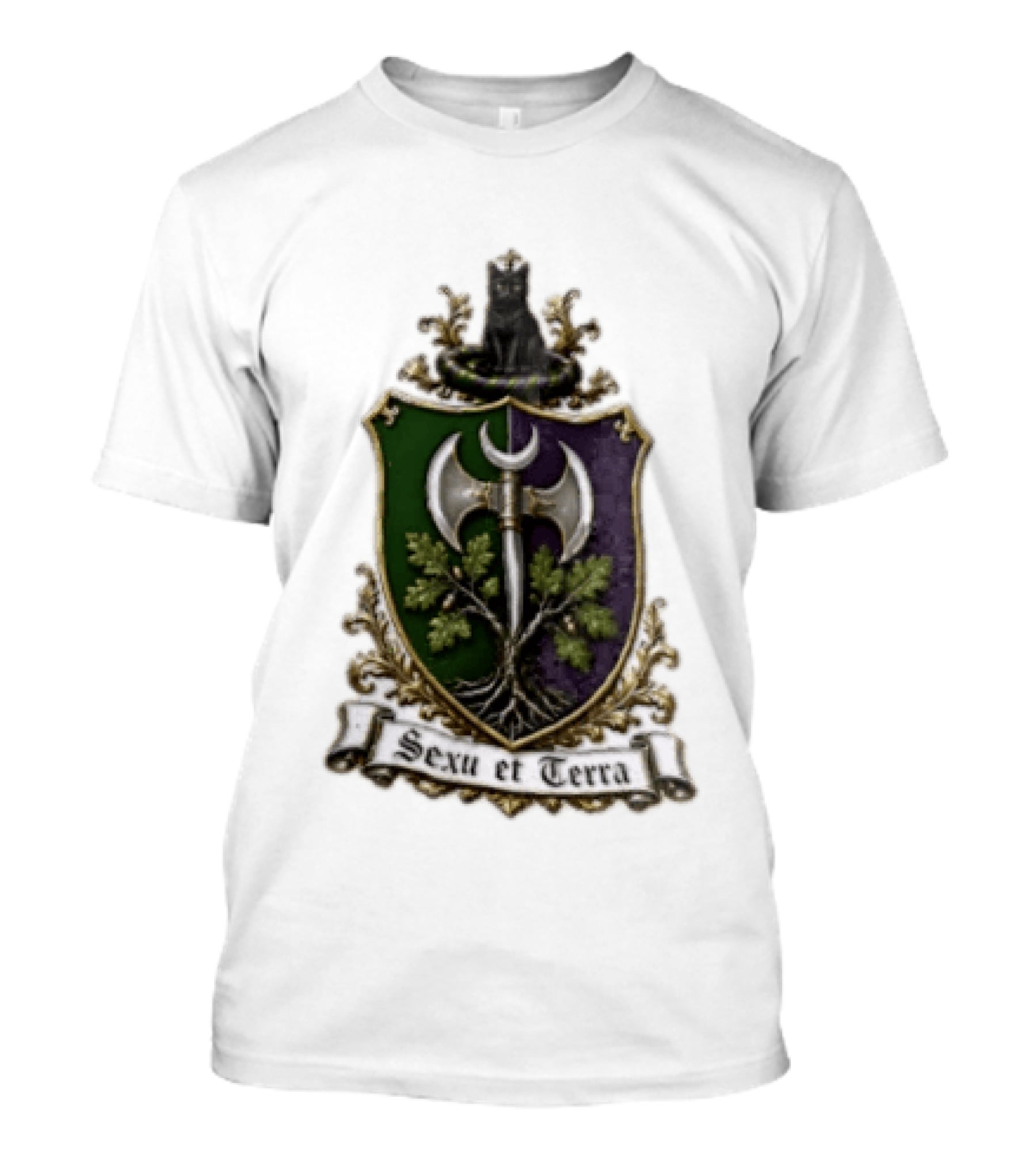 Sexu Et Terra Green Purple Shield Black Cat Axe And Tree Crest T-Shirt