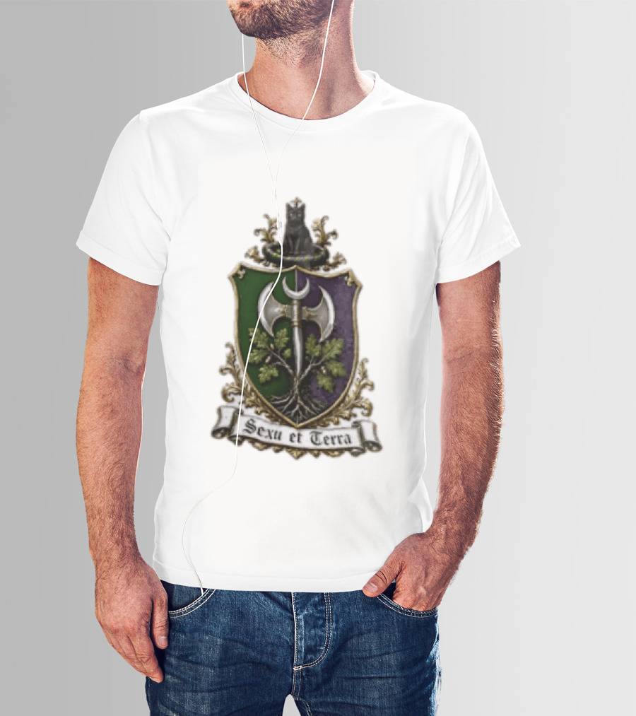 Sexu Et Terra Green Purple Shield Black Cat Axe And Tree Crest T-Shirt