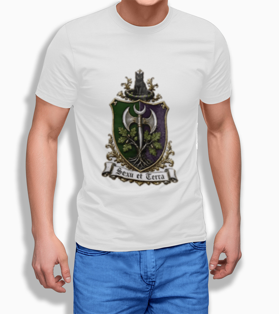 Sexu Et Terra Green Purple Shield Black Cat Axe And Tree Crest T-Shirt