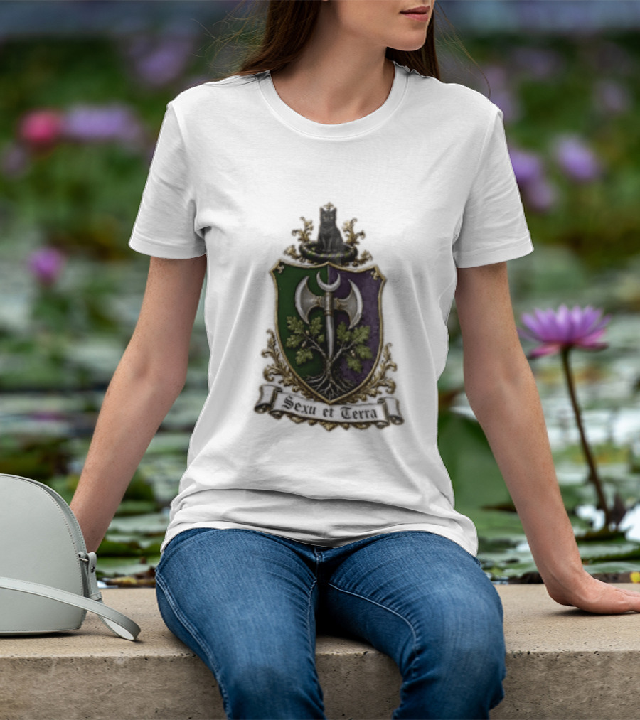 Sexu Et Terra Green Purple Shield Black Cat Axe And Tree Crest T-Shirt