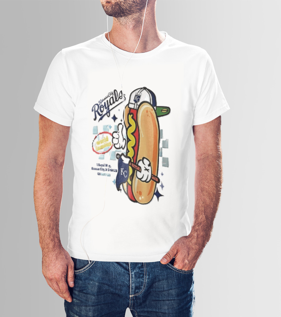 Kansas City Royals World Famous 1 Royal Way Mo 64129 Cartoon Hot Dog KC Cap T-Shirt