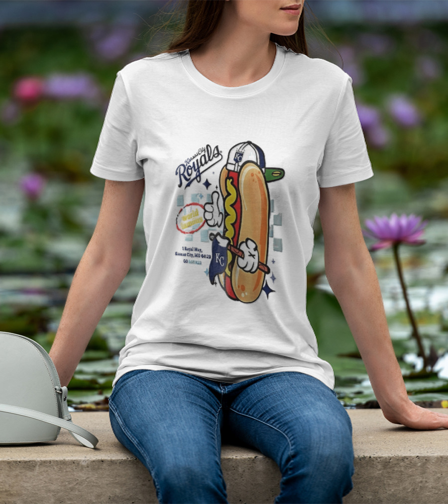 Kansas City Royals World Famous 1 Royal Way Mo 64129 Cartoon Hot Dog KC Cap T-Shirt