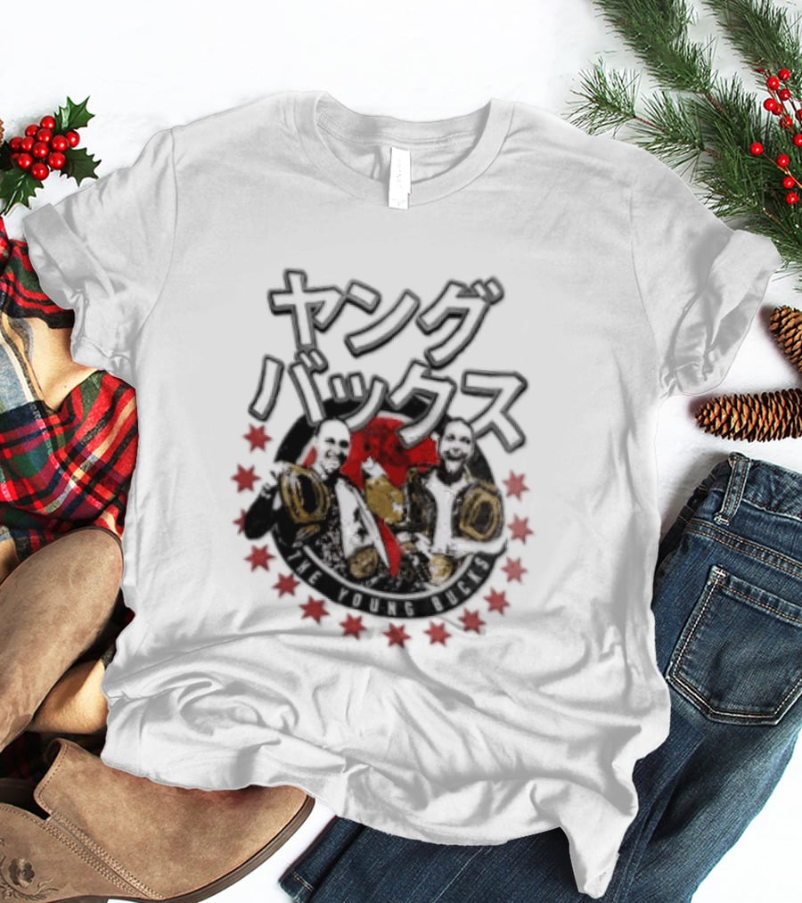 Young Bucks Wrestling Tag Team With Championship Belts And Red Star Circle T-Shirt