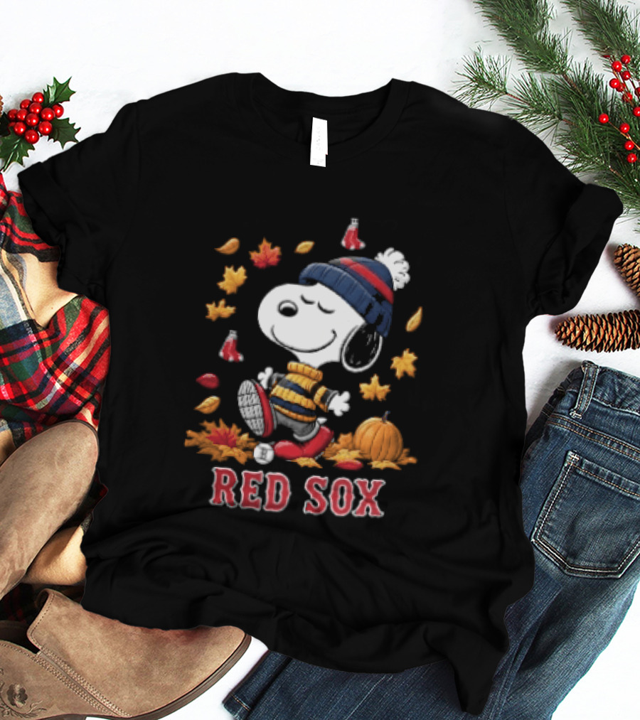 Boston Red Sox Snoopy Walking With Autumn Leaves And Pumpkin T-Shirt