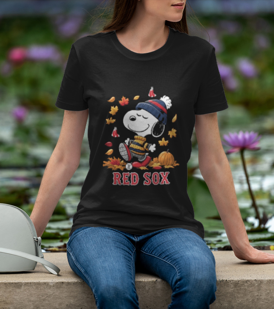 Boston Red Sox Snoopy Walking With Autumn Leaves And Pumpkin T-Shirt