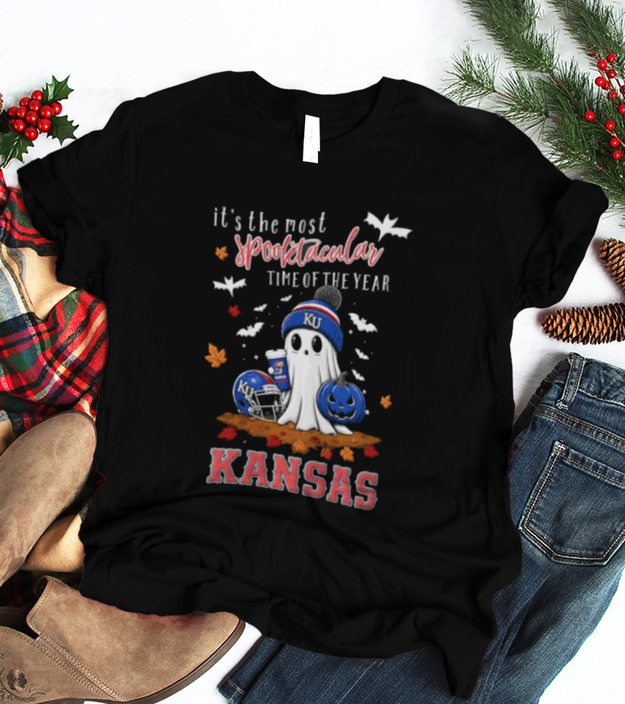 Kansas Jayhawks It's The Most Spooktacular Time Of Year Ghost Beanie Pumpkin T-Shirt