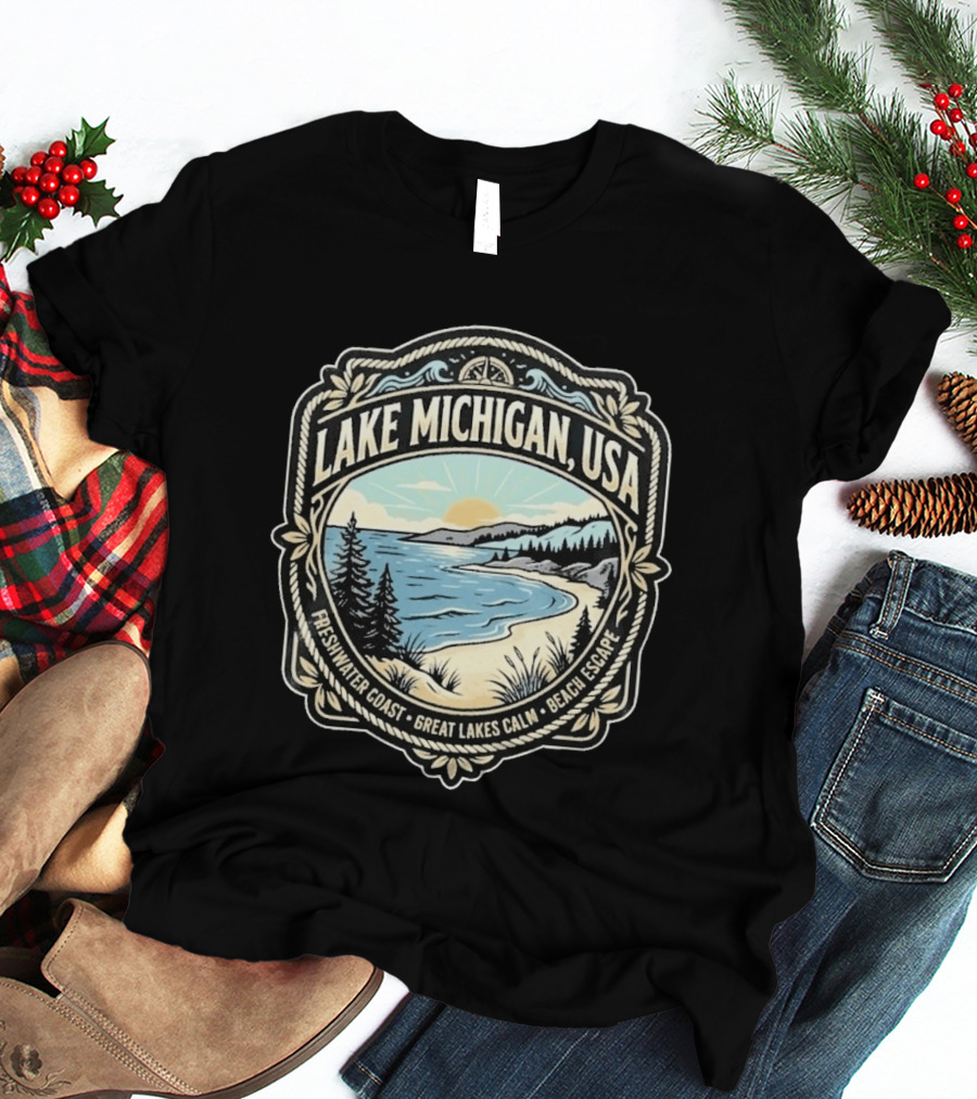Lake Michigan USA Freshwater Coast Great Lakes Calm Beach Escape T-Shirt