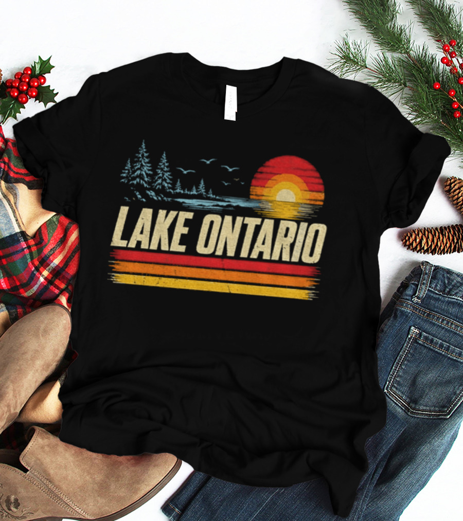 Lake Ontario Sunset Vintage Style With Pines And Birds T-Shirt