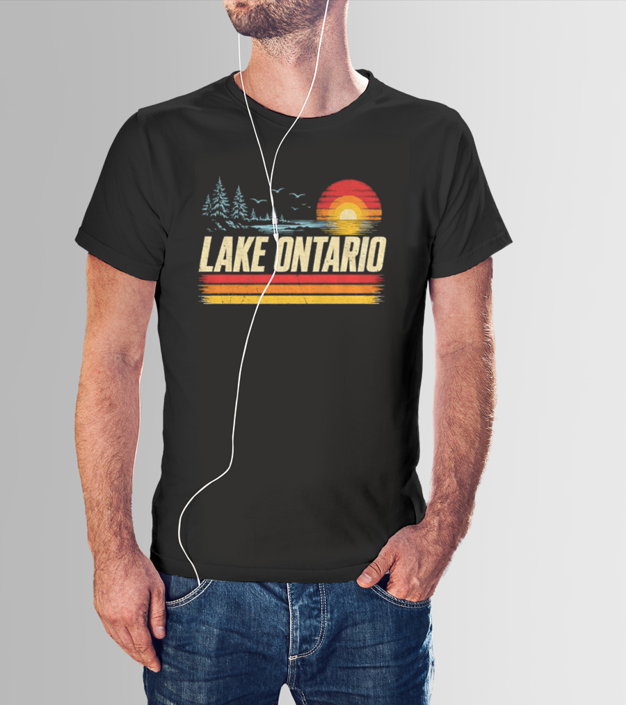 Lake Ontario Sunset Vintage Style With Pines And Birds T-Shirt