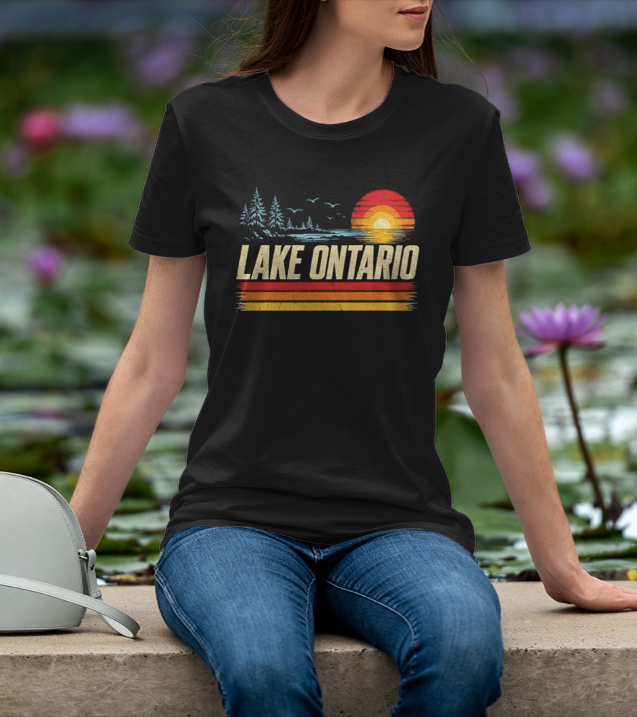 Lake Ontario Sunset Vintage Style With Pines And Birds T-Shirt