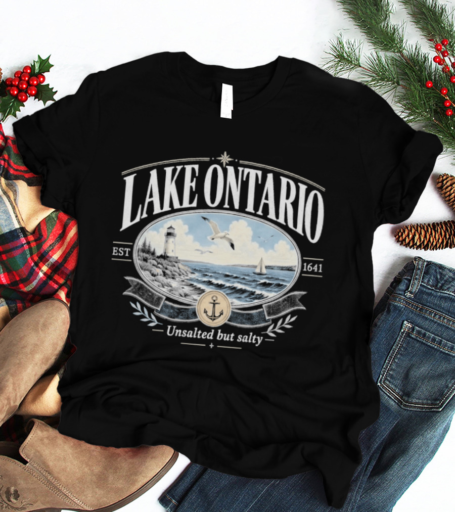 Lake Ontario Unsalted But Salty EST 1641 Seagull Lighthouse Sailboat Scene T-Shirt