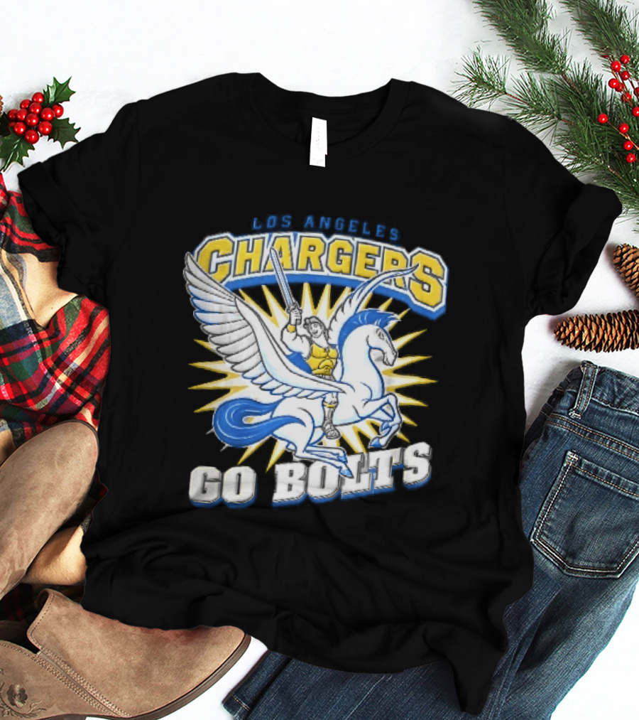 Los Angeles Chargers Go Bolts Hercules Pegasus Sword Cartoon Sunburst T-Shirt