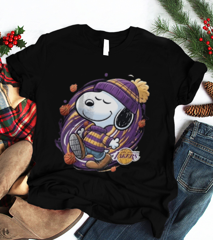 Los Angeles Lakers NBA Snoopy Cartoon Beanie Swirl Flaming Basketballs T-Shirt