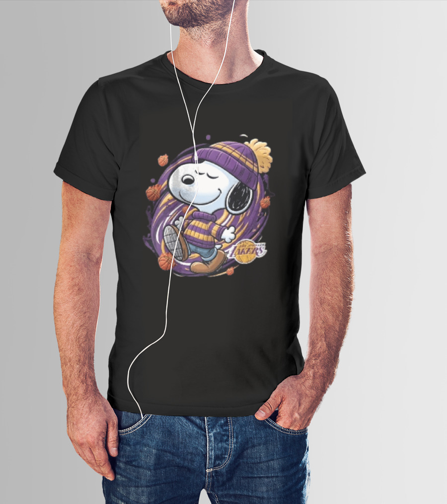Los Angeles Lakers NBA Snoopy Cartoon Beanie Swirl Flaming Basketballs T-Shirt