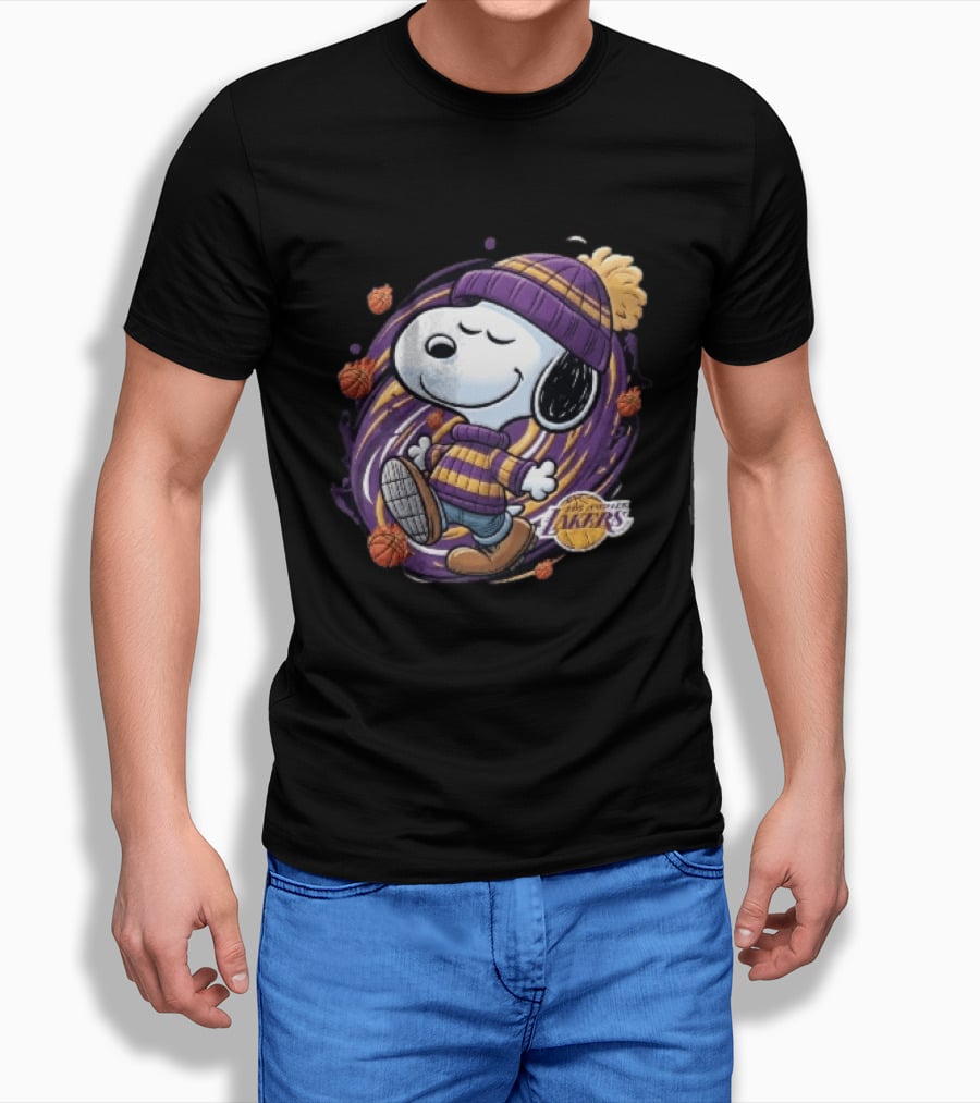 Los Angeles Lakers NBA Snoopy Cartoon Beanie Swirl Flaming Basketballs T-Shirt