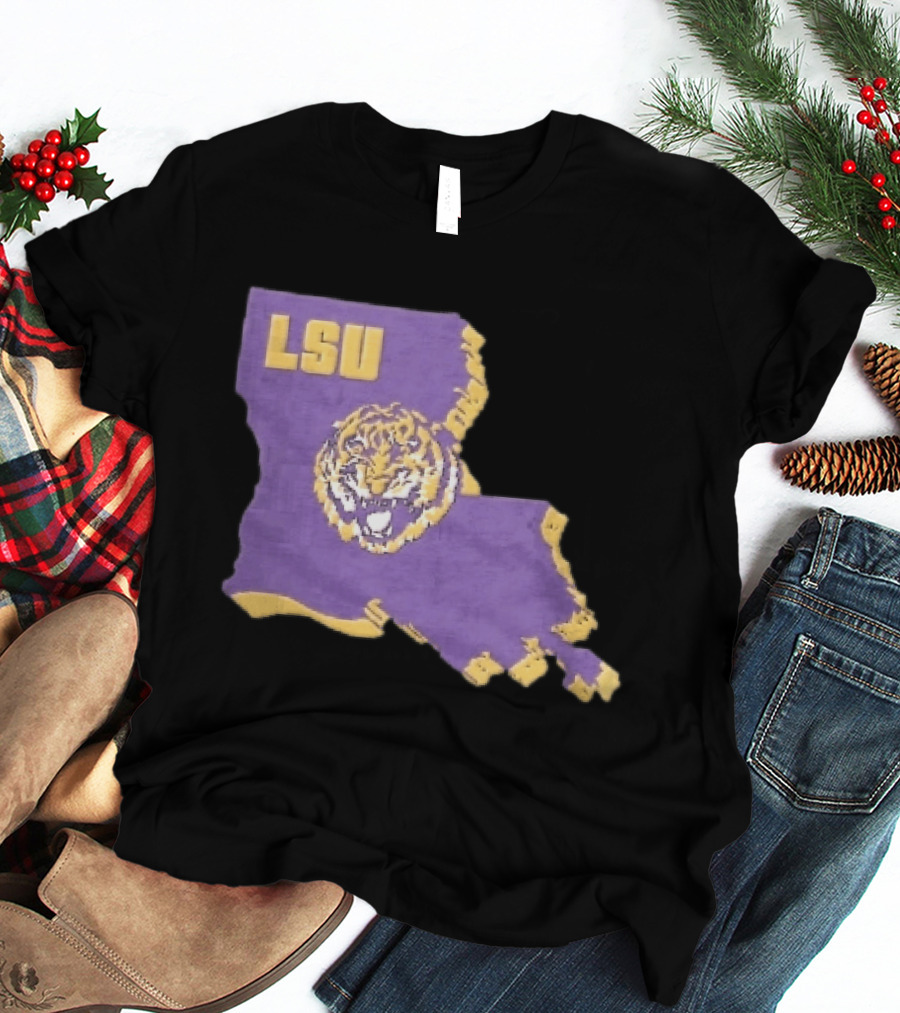 LSU Tigers NCAA Roaring Head Louisiana Map T-Shirt