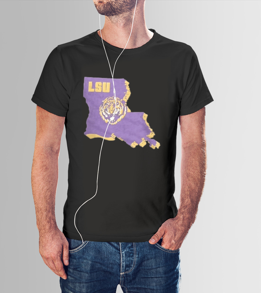 LSU Tigers NCAA Roaring Head Louisiana Map T-Shirt