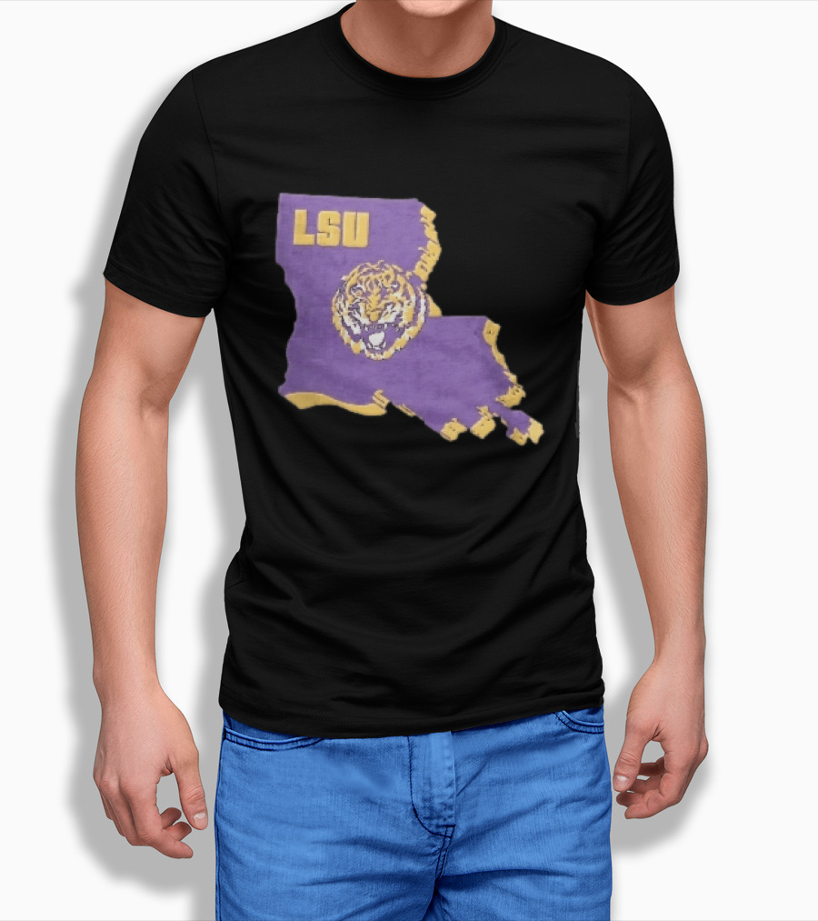 LSU Tigers NCAA Roaring Head Louisiana Map T-Shirt