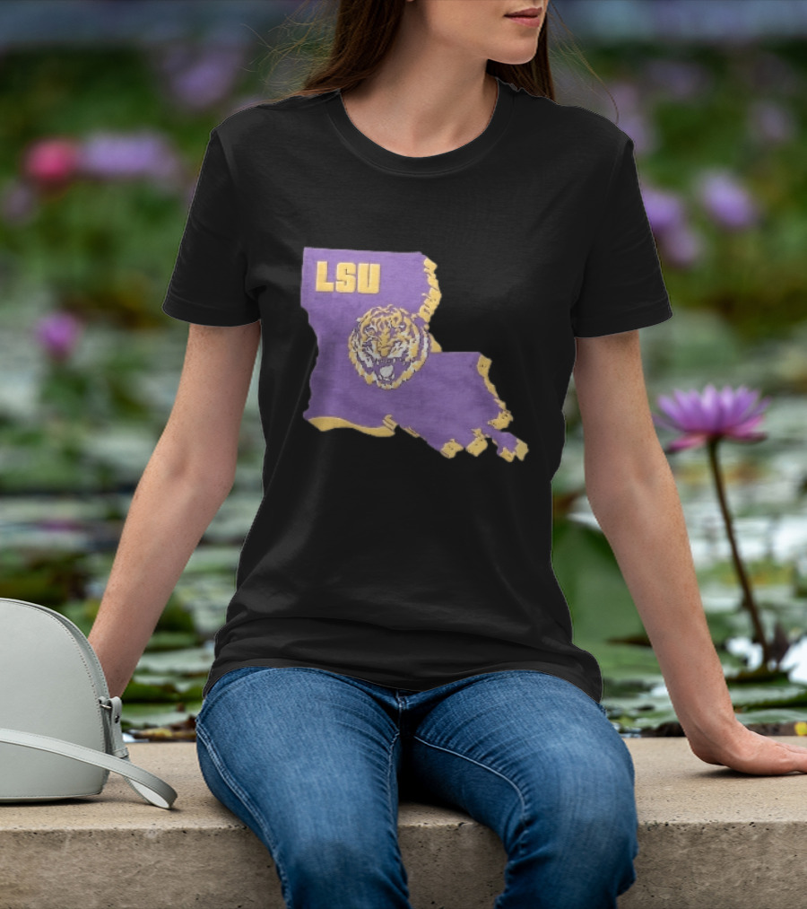 LSU Tigers NCAA Roaring Head Louisiana Map T-Shirt